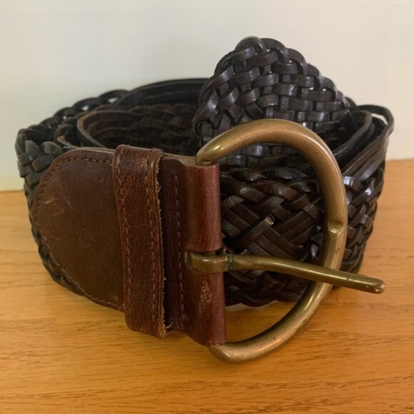 Theory women’s black leather braided wide belt size medium / Large gold buckle - Picture 2 of 5